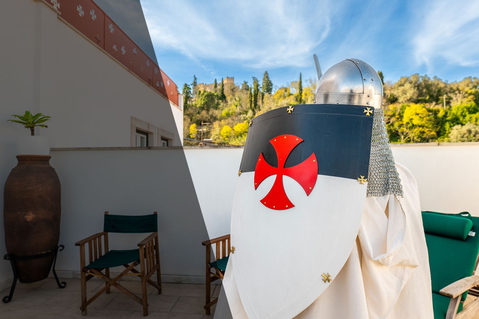 Templário a olhar para o convento de cristo em Tomar